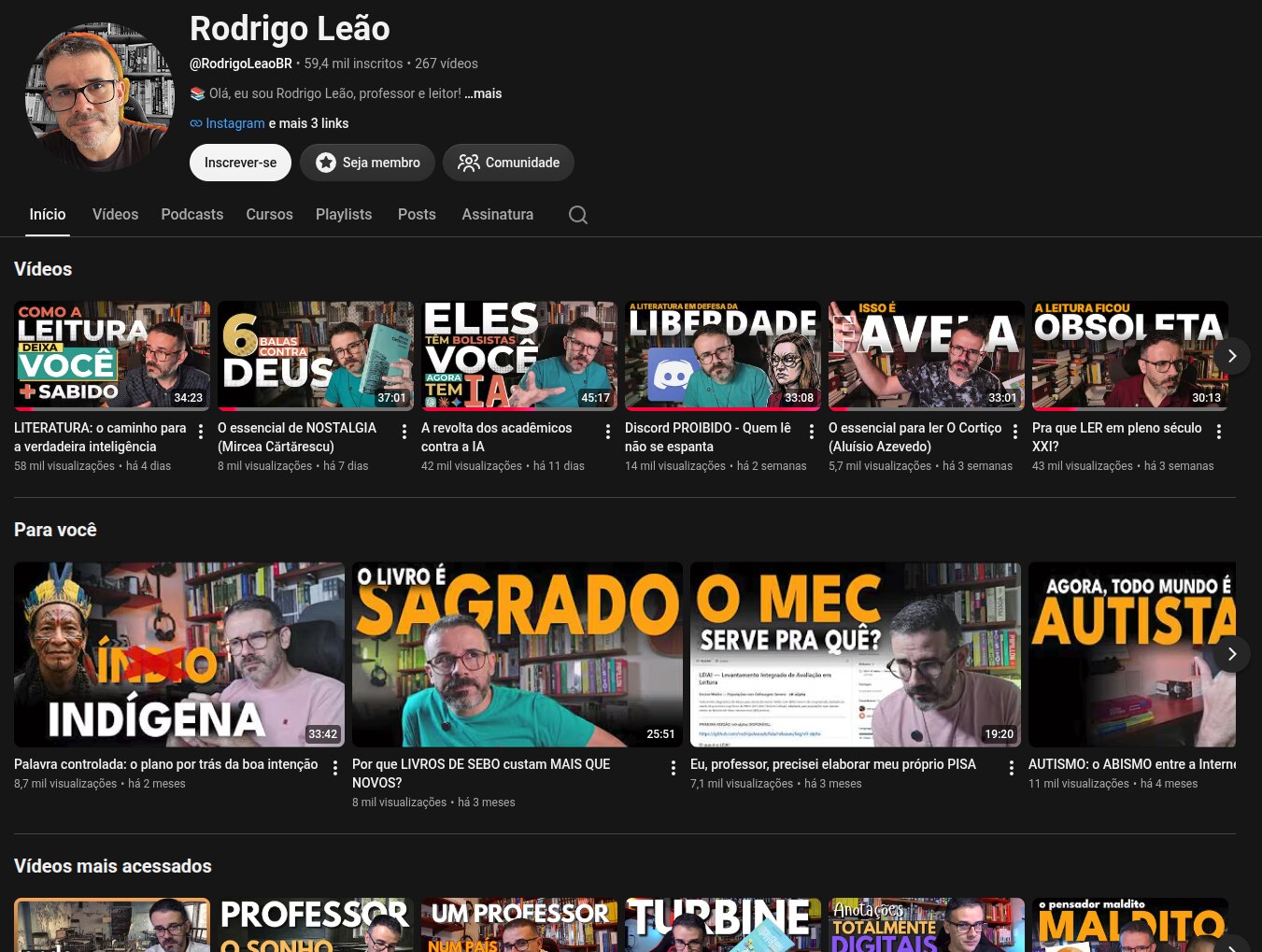 Página do canal Rodrigo Leão no YouTube